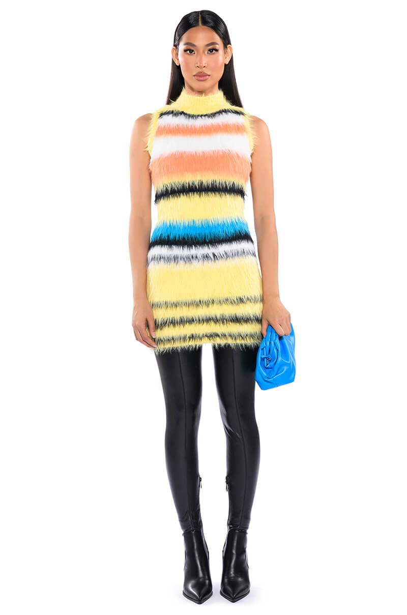STRIPED FUZZY SWEATER DRESS